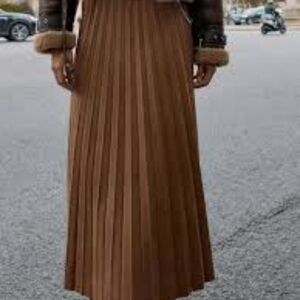 Zara Brown Faux Suede Maxi Pleated Skirt